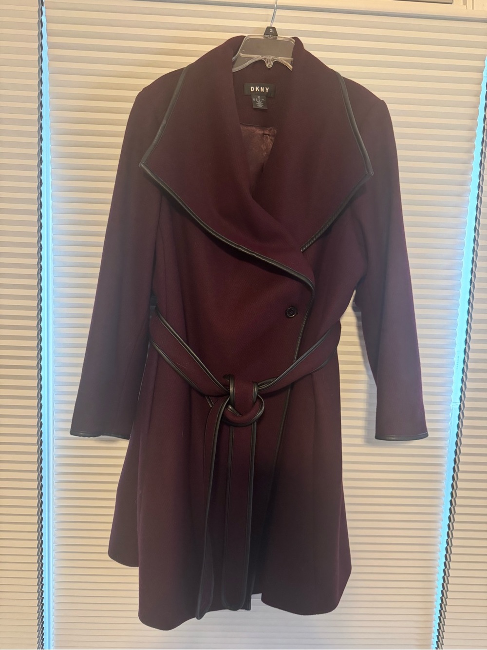 DKNY Women's Burgundy Belted Trench Coat with Black Trim